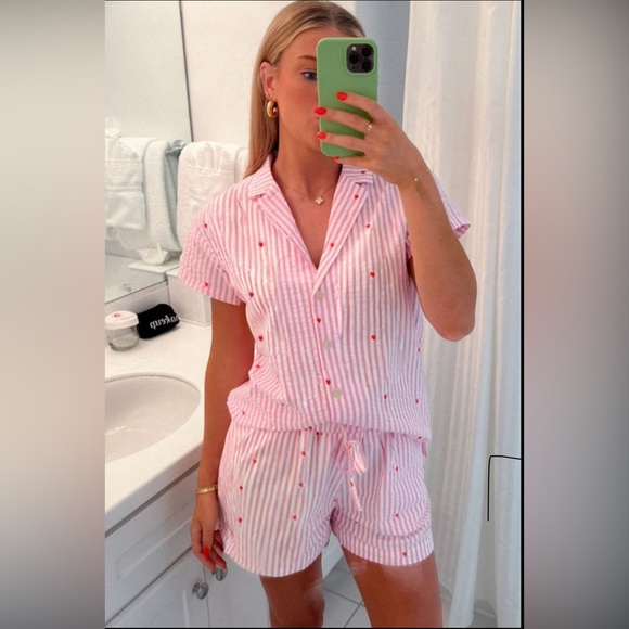 Other - Harleigh - Pink Striped Pajama Set with Red Hearts